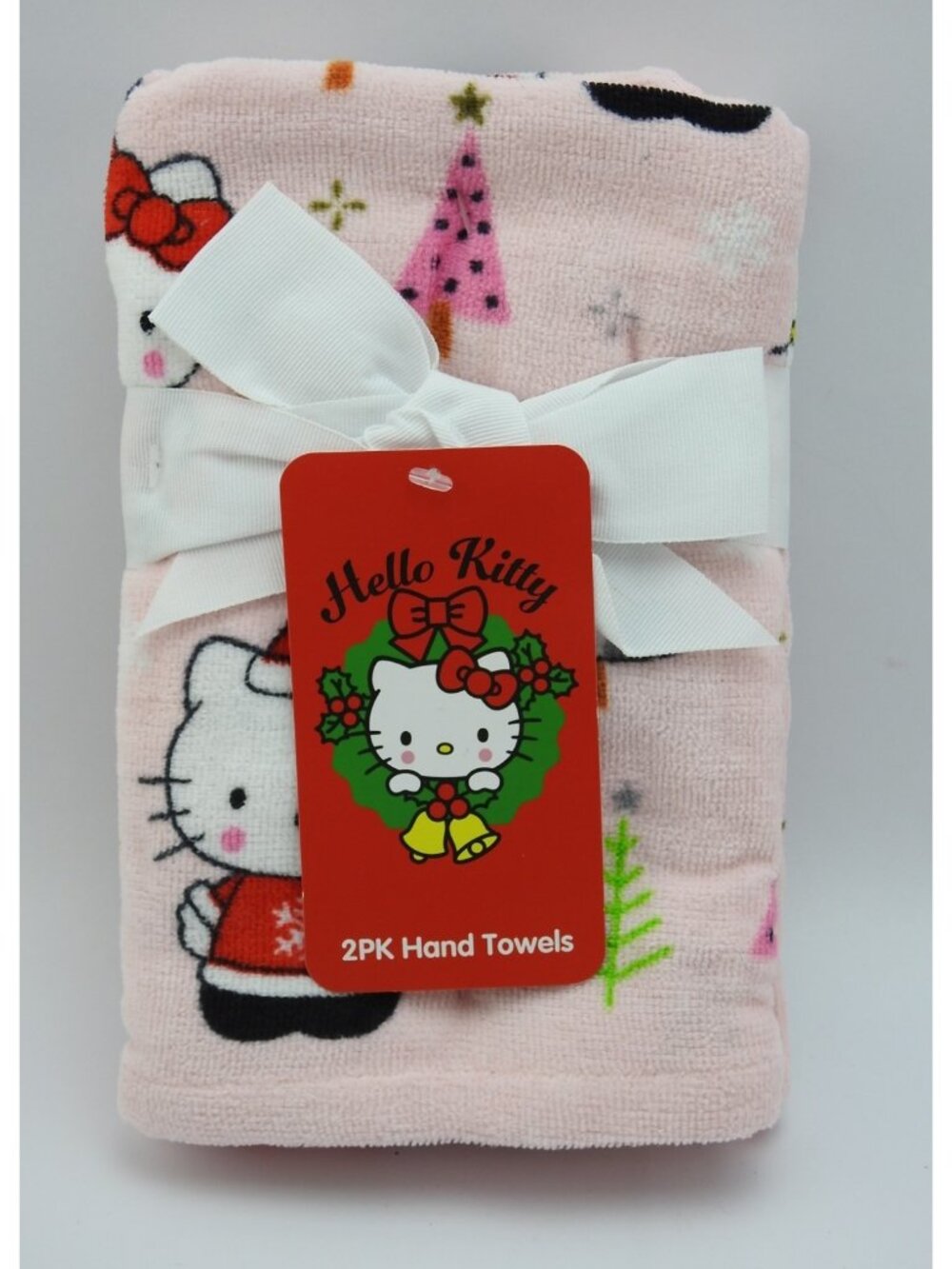 Hello Kitty Christmas Hand Towels Set 2 Pink Holiday Trees Bows Sanrio NWT